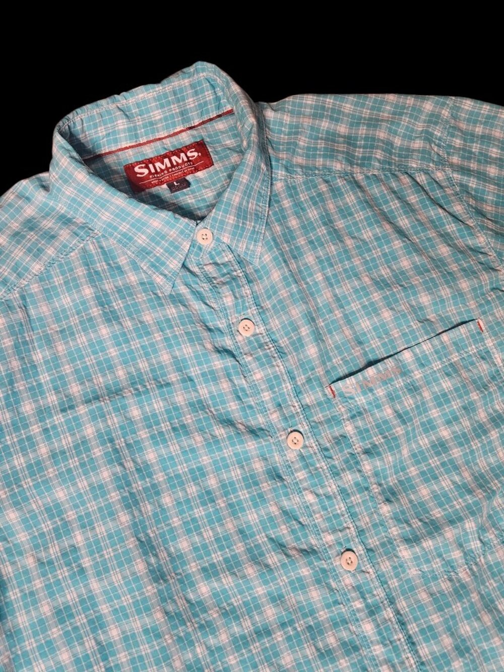 SIMMS Shirt Men's L Teal Plaid Nylon Seersucker Performance Fishing Short Sleeve